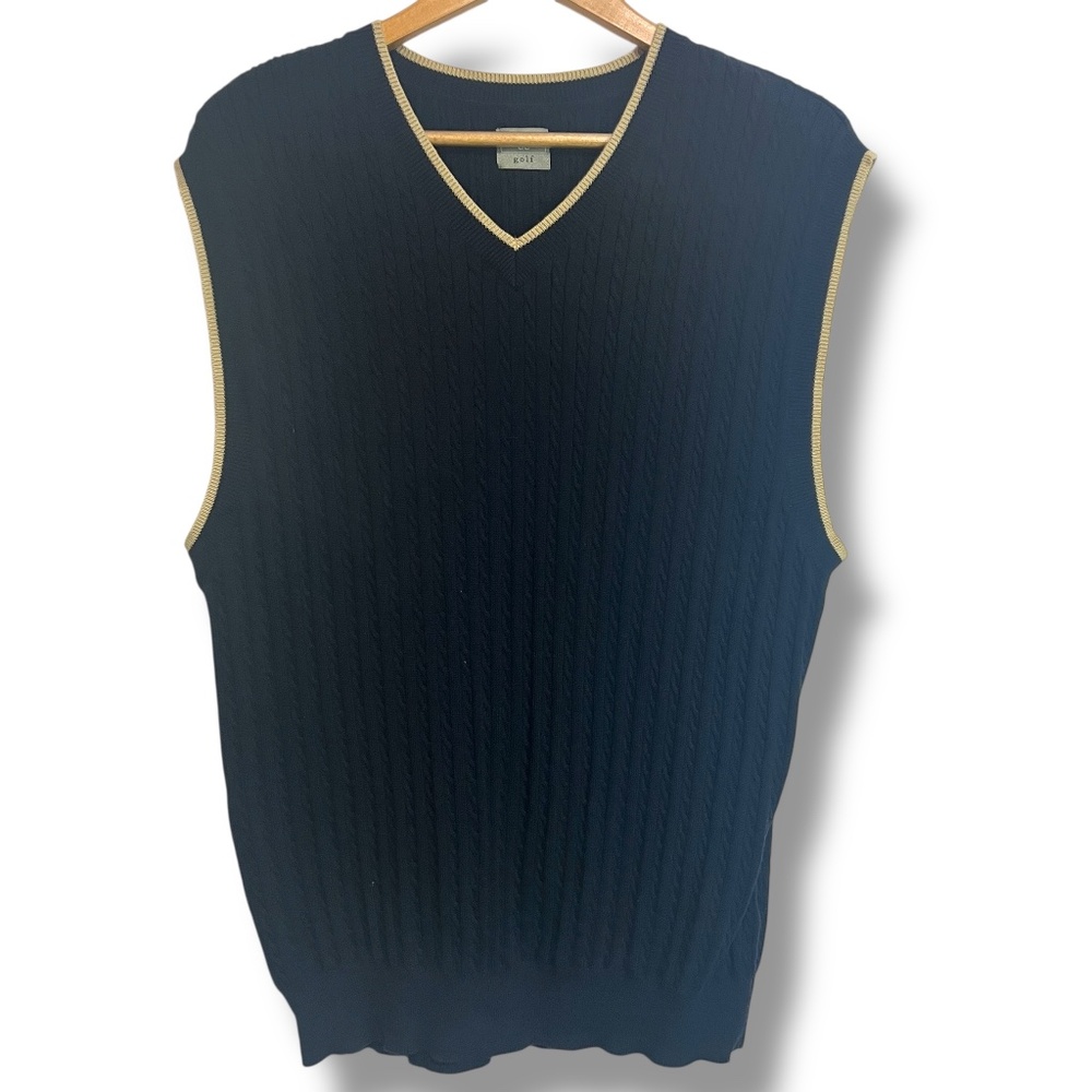 Haggar Golf Cable Knit Sweater V Neck Vest Men XL Navy Blue w/ Tan Contrast Trim